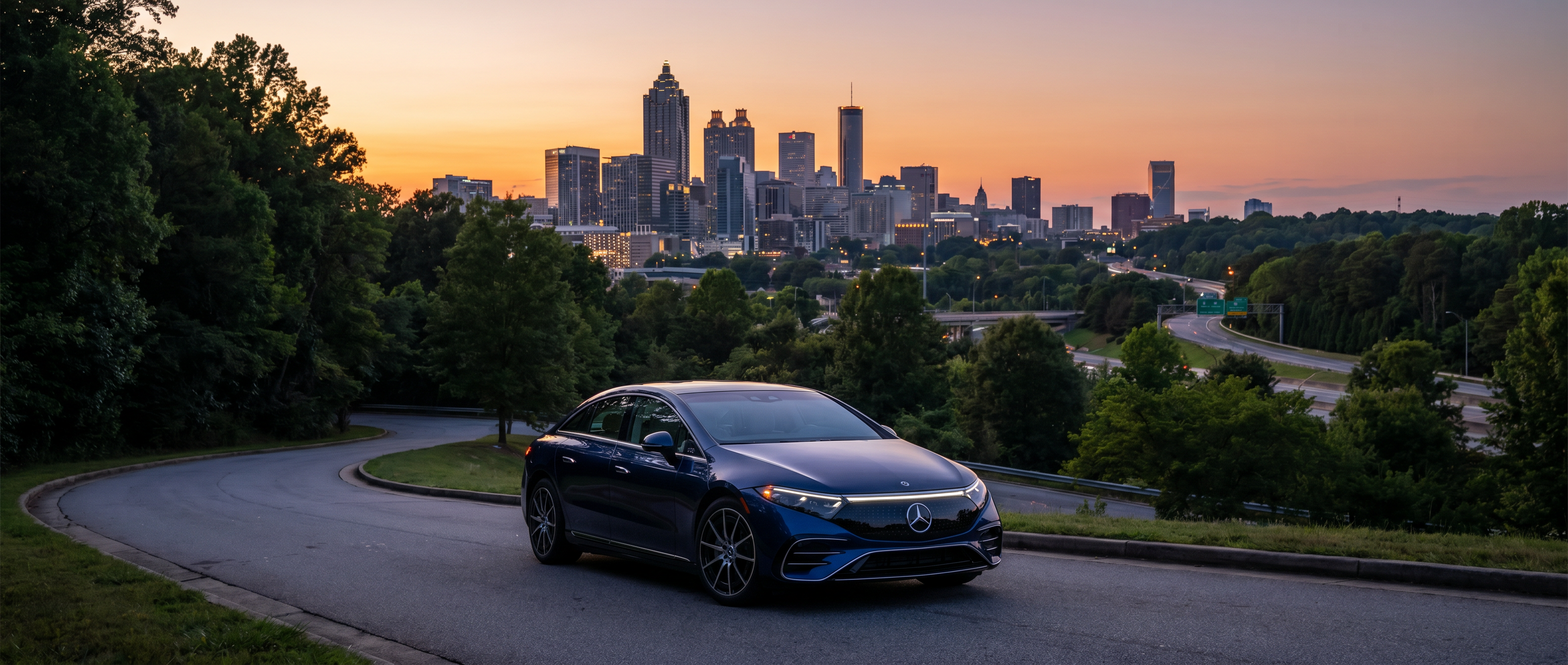 Mercedes-Benz EQ electric vehicle charging stop between Duluth GA and Downtown Atlanta on practical route guide